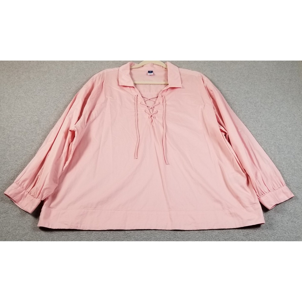 Old Navy Blouse Women XXL 2XL Pink Lace Up Long Sleeve Cotton Popover Top Spring